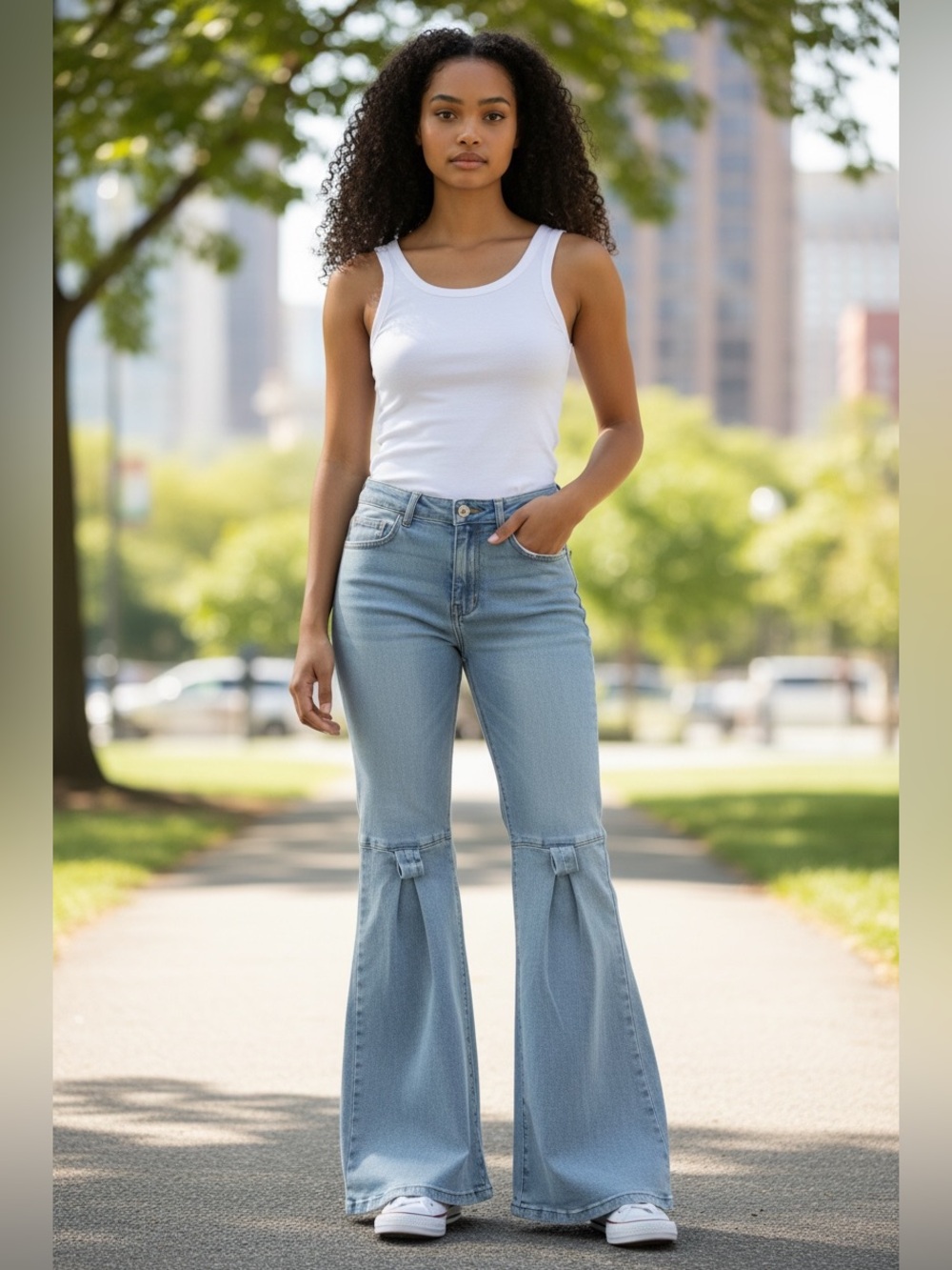 Light Blue High-Rise Flare Jeans with Knee Bow Carpenter Detail - Picture 11 of 11